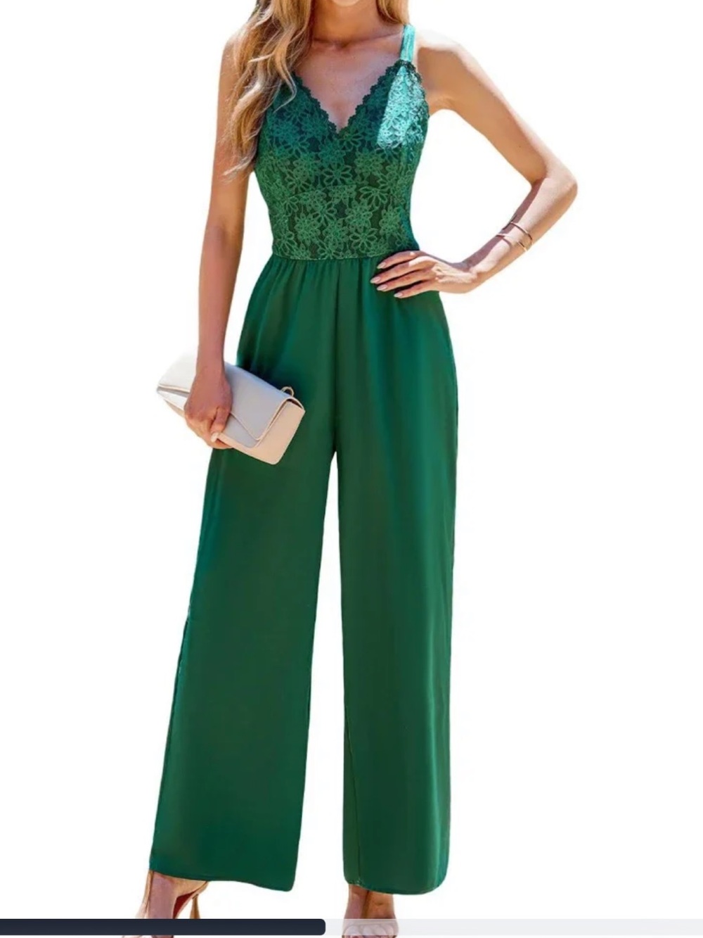 Cupshe NWT S Sleeveless Lace-Top Wide-Leg Emerald Green ZIPPER POCKETS JUMPSUIT - Picture 1 of 6
